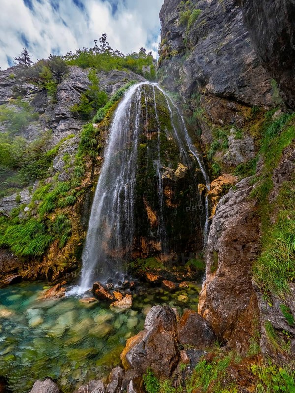 Natural landscape at Grunas waterfall in Theth national park