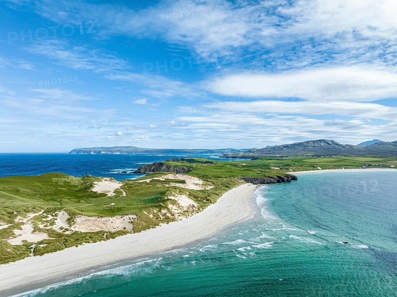 Aerial view of Faraid Head Peninsula and Balnakeil Beach with dunes and sandy beach