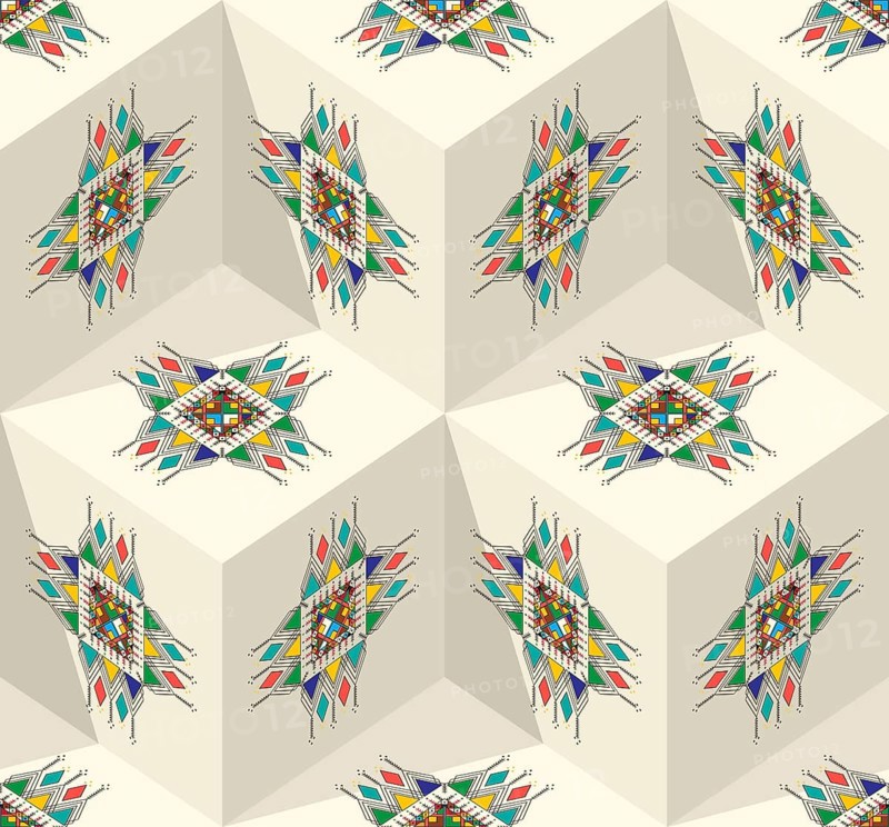 Decorative geometric repeating pattern inspired by Al-Qatt Al-Asiri traditional paintings