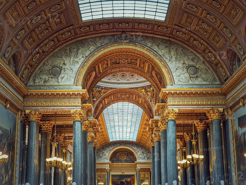 Beautiful architectural details of the Gallery of Great Battles in the palace of Versailles
