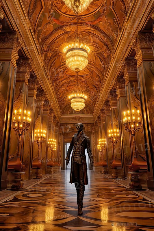 The Legendary Phantom of the Opera walking in the great gallery of the Paris Opera