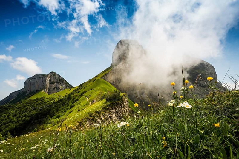 Steep mountains and clouds and flower meadow