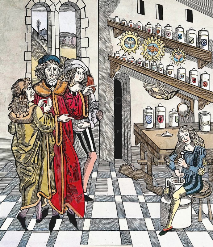 Interior view of an apothecary in the 17th century