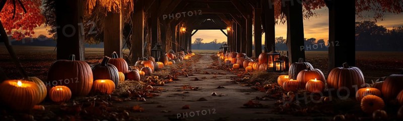 Dozens of halloween and fall pumpkins scattered aroun a rustic barn scene on hallows eve