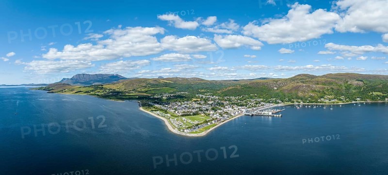 Aerial panorama of Loch Broom with the harbour town of Ullapool in the Northwest Highlands