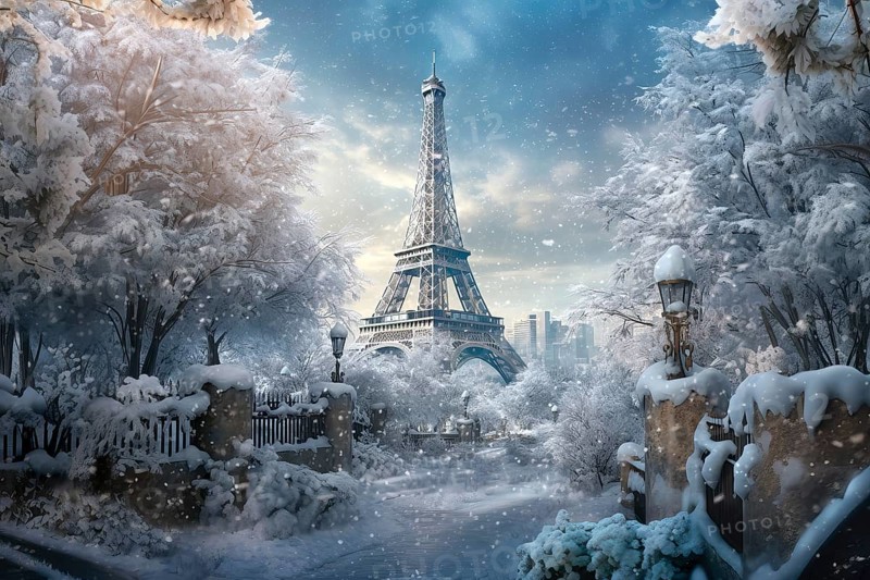 Eiffel Tower under snow in the winter