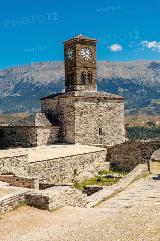Clock tower in the Ottoman Castle Fortress of Gjirokaster or Gjirokastra. Albanian