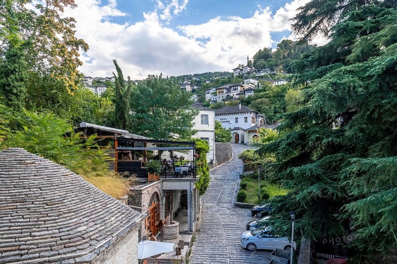 Views from the viewpoint of the city of Gjirokaster or Gjirokastra. Albanian