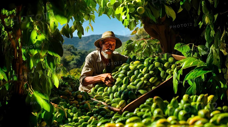 A farmer harvests avocados