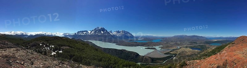 Panorama of the landscape in Torres del Paine National Park with the Grey Glacier