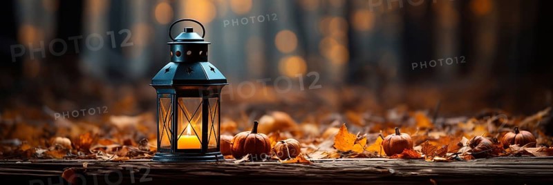 Warm and inviting lit vintage lantern resting on wood planks base outdoors in a fall setting