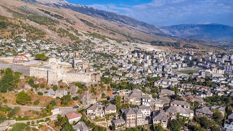 Aerial view of the old castle and fortress in the city of Gjirokaster or Gjirokastra