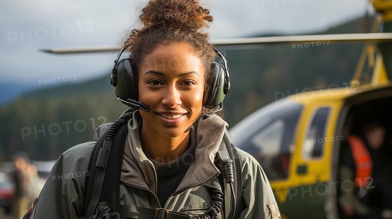 Female african american search and rescue helicopter pilot standing near her aircraft