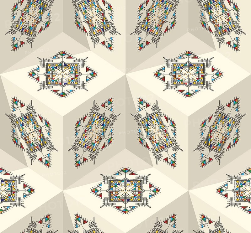 Decorative geometric repeating pattern inspired by Al-Qatt Al-Asiri traditional paintings