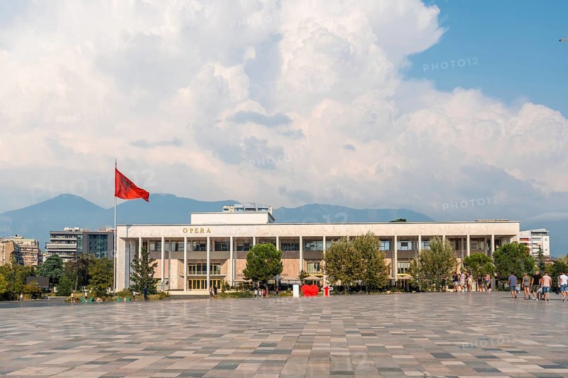 The entrance to the Palace of Culture or Opera on Skanderbeg Square in Tirana. Albania