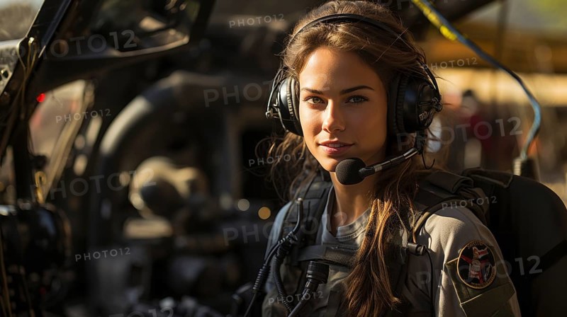 Female military helicopter pilot standing near her aircraft
