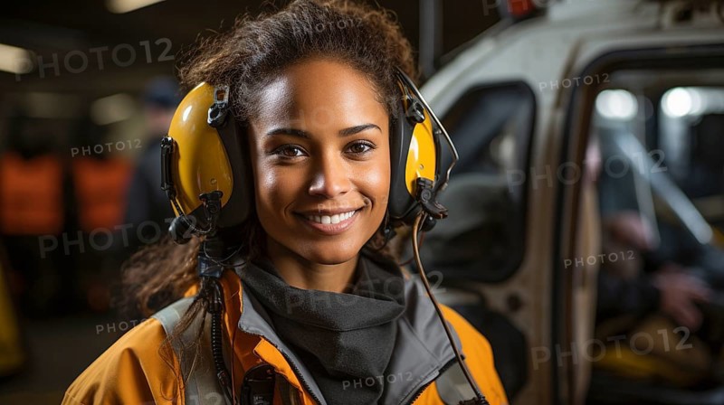 Female african american search and rescue helicopter pilot standing near her aircraft