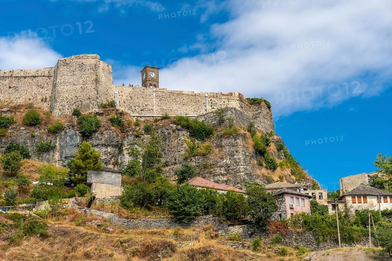 Views from below of the Ottoman castle fortress of Gjirokaster or Gjirokastra. Albanian