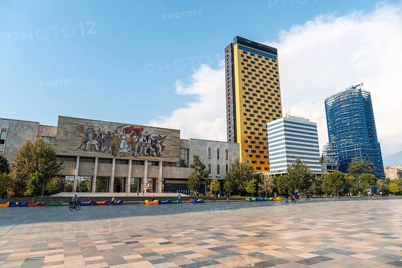 Tourist points of interest in Skanderbeg Square in Tirana. Albania