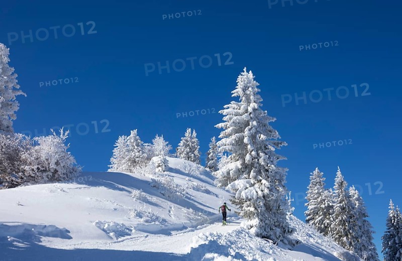 Deep snowy winter landscape on the Zwoelferhorn with ski tourers