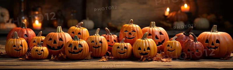 Spooky and fun collection of dozens of halloween carved pumpkins outside on hallows eve