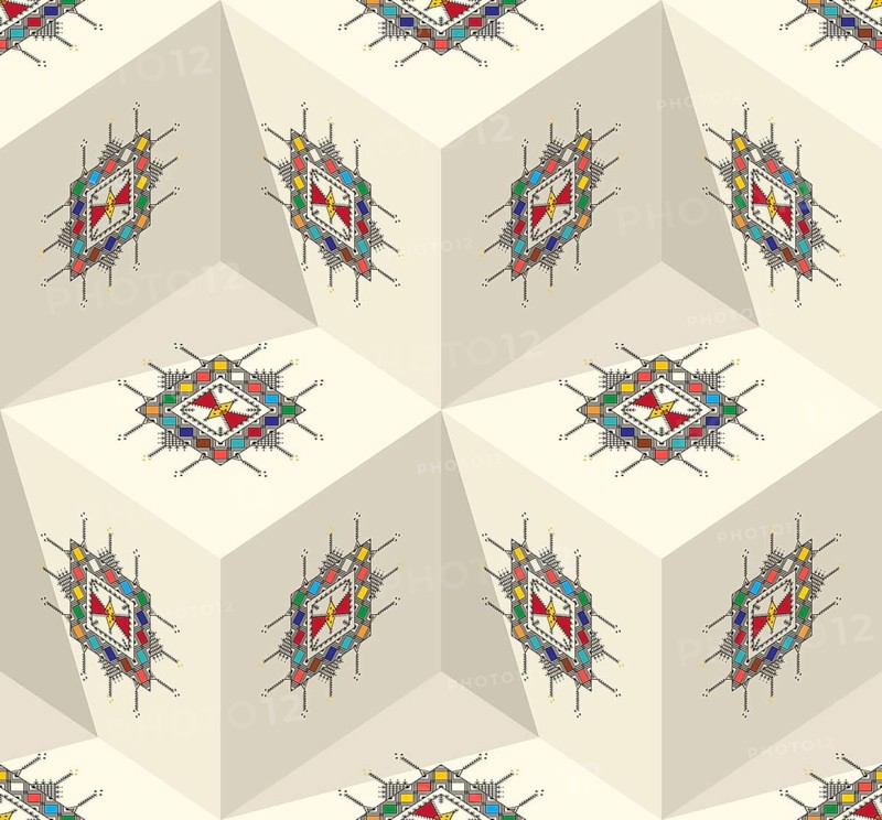 Decorative geometric repeating pattern inspired by Al-Qatt Al-Asiri traditional paintings