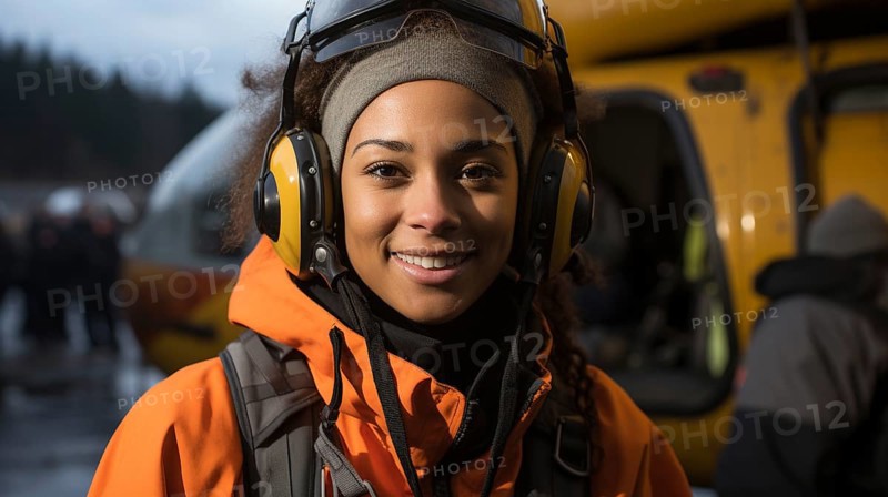 Female african american search and rescue helicopter pilot standing near her aircraft