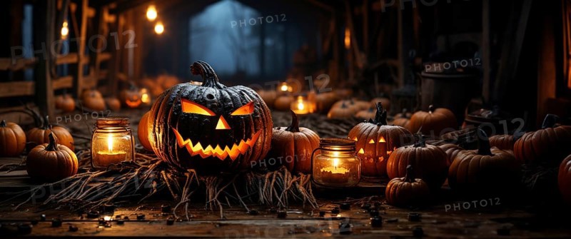 Spooky and fun collection of dozens of halloween carved pumpkins outside on hallows eve