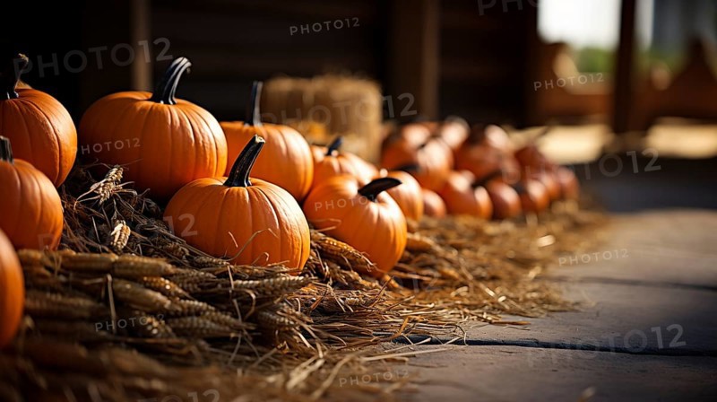 Dozens of orange fall and halloween pumpkins and hay decorating the country barn scene