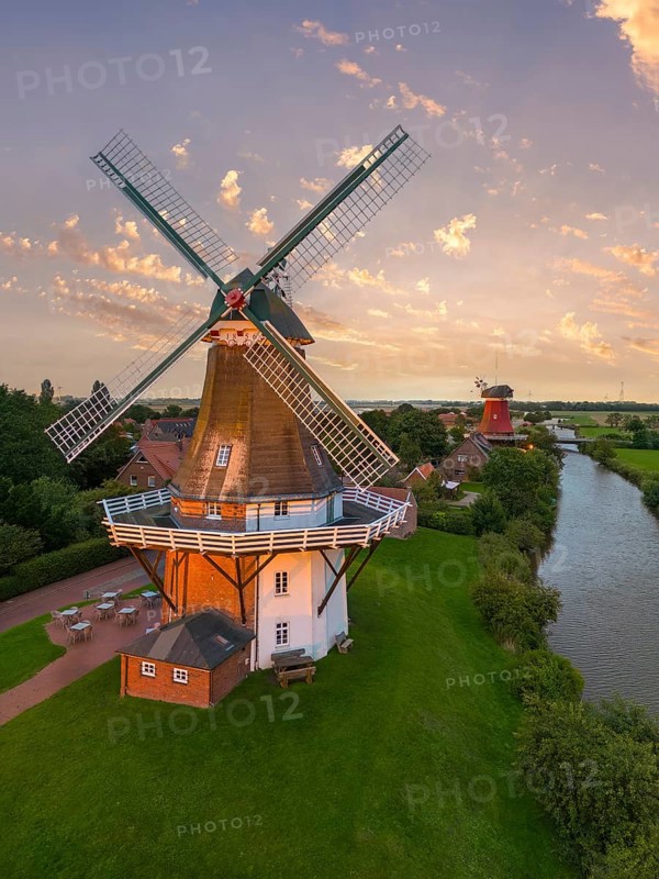 Aerial view of the twin mills at the Old Greetsiel Low Seal