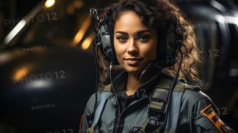 Female african american military helicopter pilot standing near her aircraft