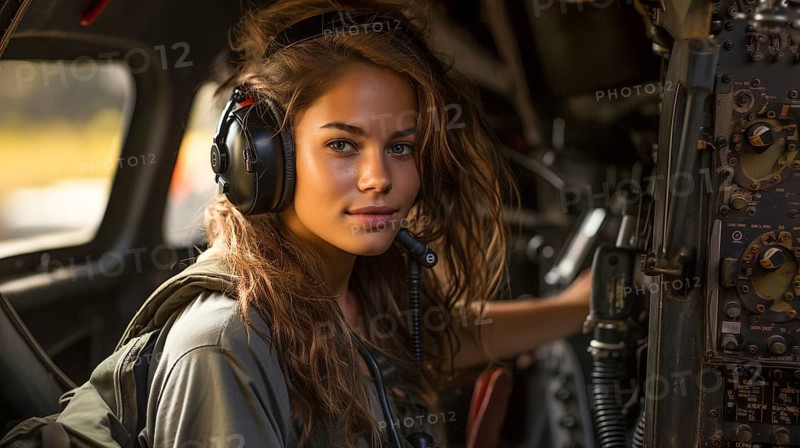 Female military helicopter pilot in the cockpit