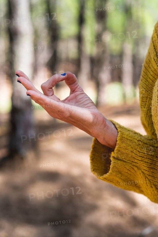 Chin mudra close up over nature background. Vertical shot