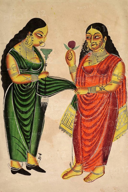 Maid bringing a hookah to a lady