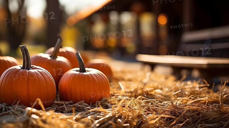 Dozens of orange fall and halloween pumpkins and hay decorating the country barn scene