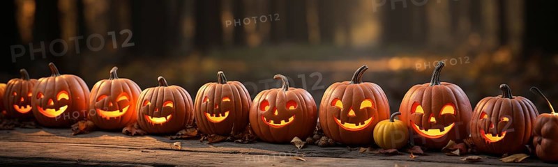 Spooky and fun collection of dozens of halloween carved pumpkins outside on hallows eve