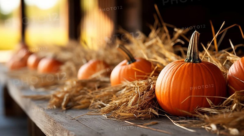 Dozens of orange fall and halloween pumpkins and hay decorating the country barn scene