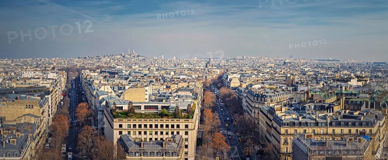 Aerial Paris cityscape panorama with view to Sacre Coeur Basilica of the Sacred Heart