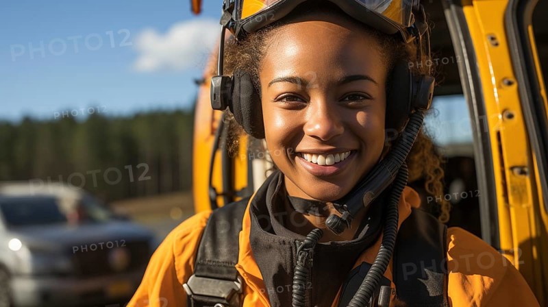 Female african american search and rescue helicopter pilot standing near her aircraft