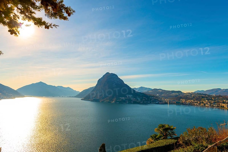 Tree Branch and Lake Lugano and City with Mountain and Blue Sky in Park San Michele in Castagnola in Lugano