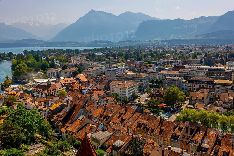 Aerial View over City of Thun and Lake with Mountain in a Sunny Day in Bernese Oberland