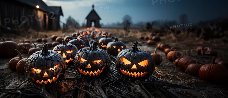 Spooky and fun collection of dozens of halloween carved pumpkins outside on hallows eve