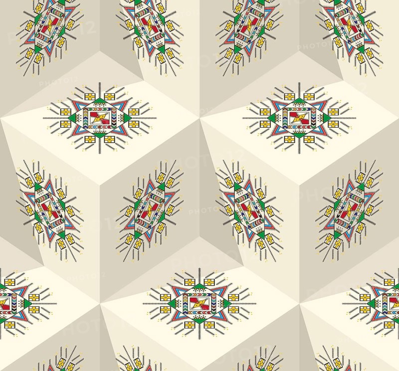 Decorative geometric repeating pattern inspired by Al-Qatt Al-Asiri traditional paintings