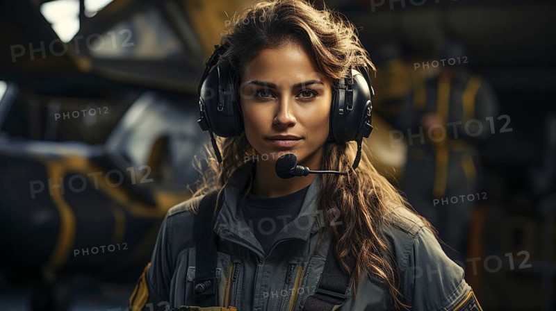 Female african american military helicopter pilot standing near her aircraft