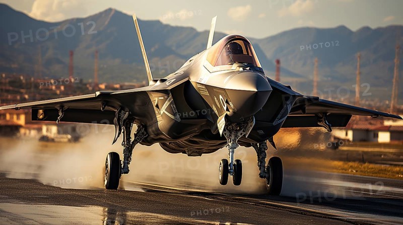A lockheed martin F-35 fighter jet takes off of a runway