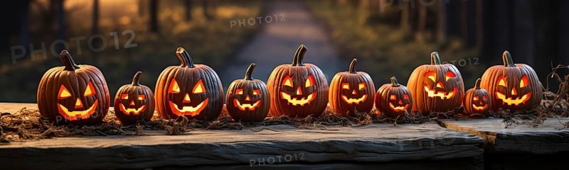 Spooky and fun collection of dozens of halloween carved pumpkins outside on hallows eve