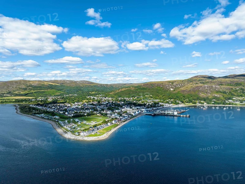 Aerial view of Loch Broom with the harbour town of Ullapool in the Northwest Highlands