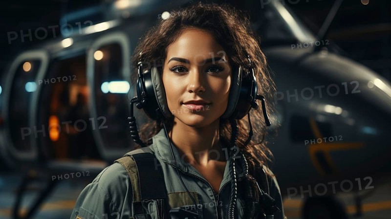 Female african american military helicopter pilot standing near her aircraft
