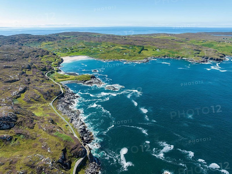 Aerial view of Clashnessie Bay and the single track road and scenic route B869
