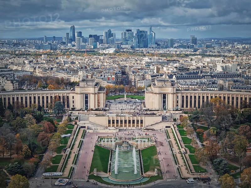 Sightseeing aerial view of the Trocadero area and La Defense metropolitan district seen at the horizon in Paris